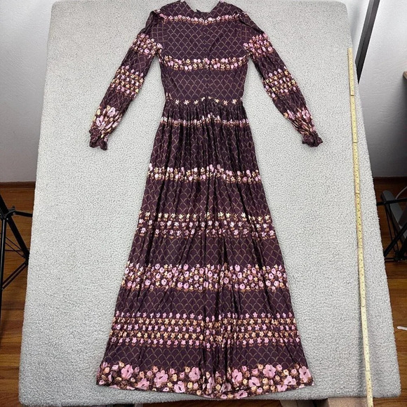 Vintage 70s Dress Size Small Floral Smocked Maxi Burgundy Boho Hippie - Picture 13 of 16